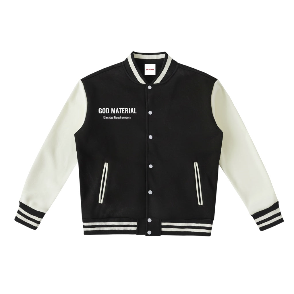 God Material two-tone black and white fleeced varsity jacket with snap buttons and striped ribbed trim