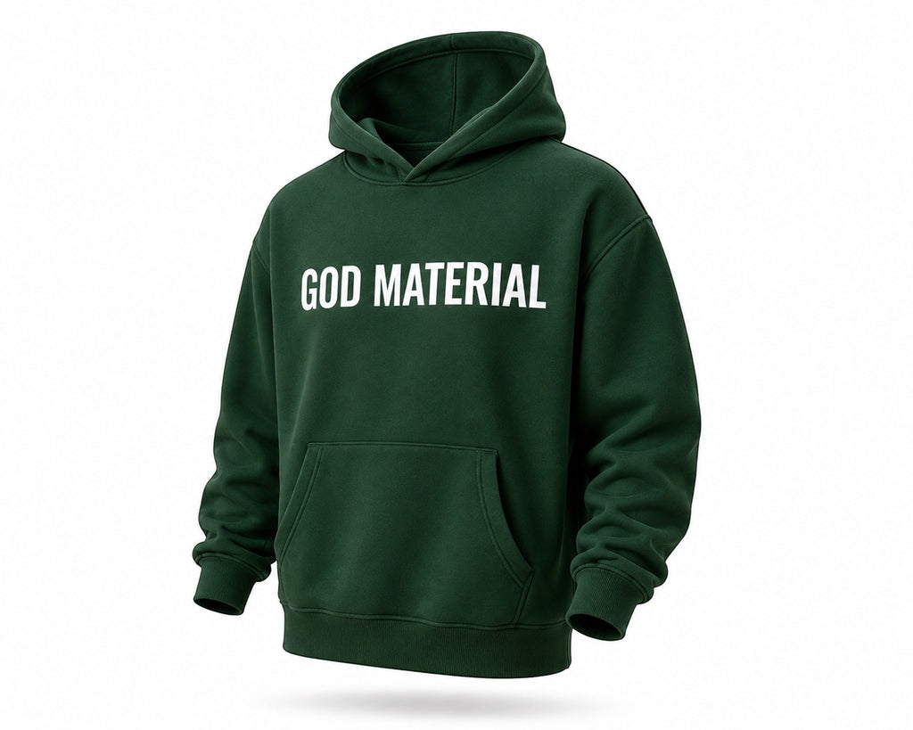 God Material dark green fleece hoodie for kids with a drop shoulder design and front pocket.