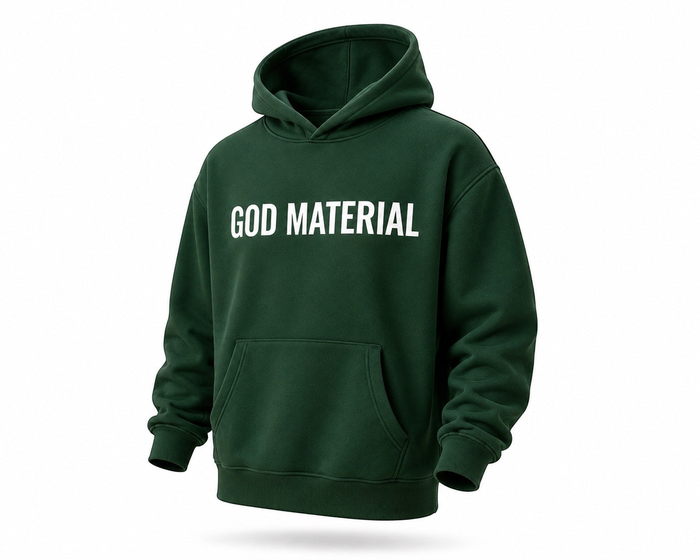 God Material dark green fleece hoodie for kids with a drop shoulder design and front pocket.