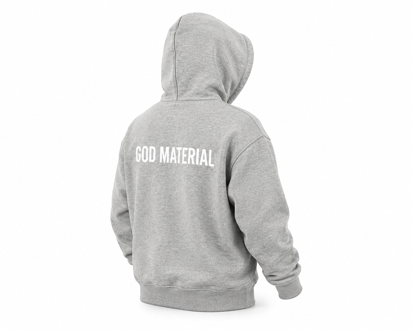 Back view of a grey God Material kids' fleece hoodie with a drop shoulder design and white logo print.