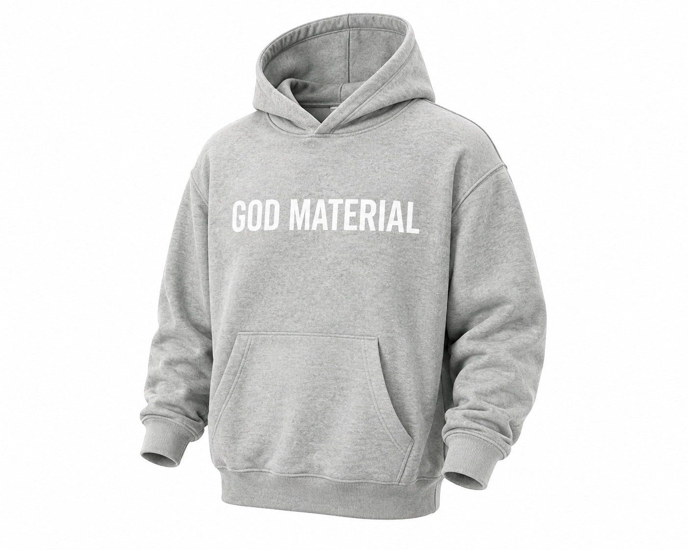 God Material grey fleece hoodie for kids with a drop shoulder design, front pocket, and white brand logo on chest.