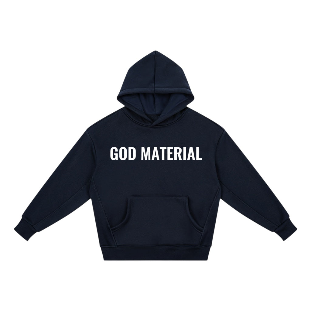 God Material navy blue fleece hoodie with long sleeves, drop shoulders, and a front pocket for kids.