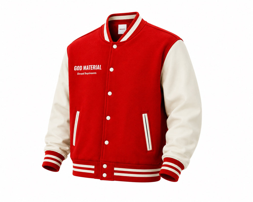 God Material red and cream fleeced varsity jacket with white snap buttons, striped ribbed trim, and chest branding.