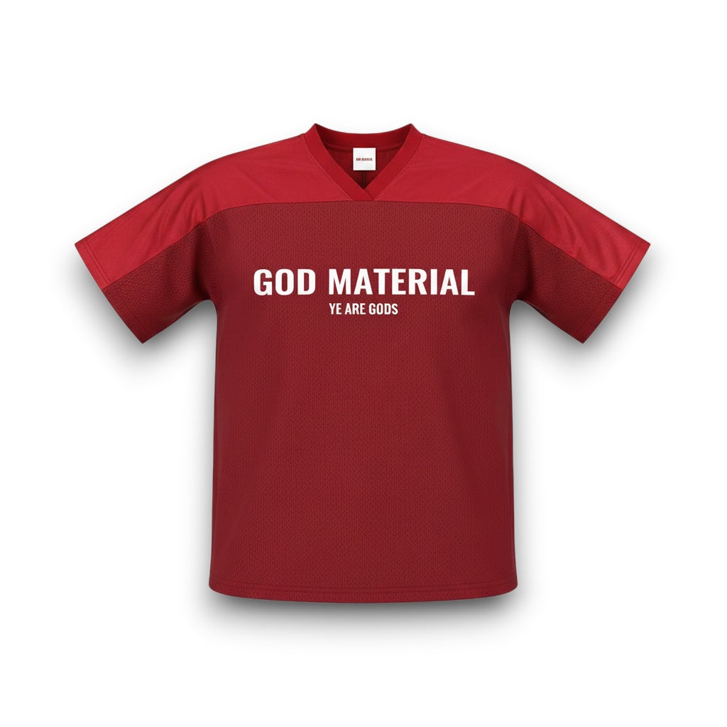 God Material oversized red mesh V-neck soccer jersey with white graphic print on the chest.